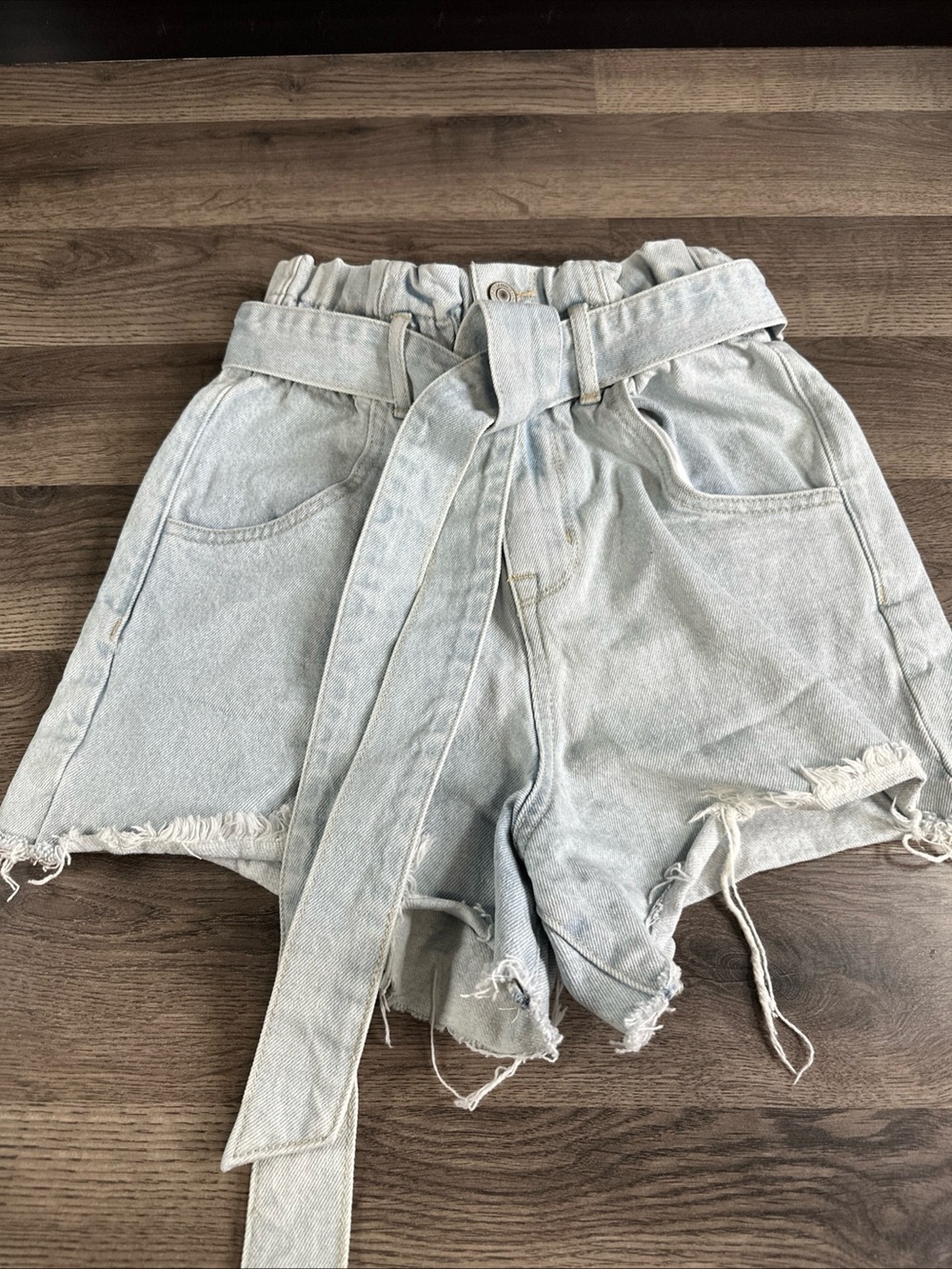 High-Rise Light Blue Paperbag Denim Shorts with Self-Tie Belt